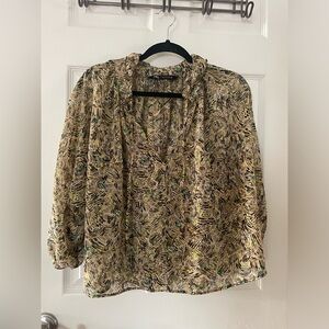 Zara Beige Lightweight Sheer Printed V-Neck Blouse with Black & Green Accents